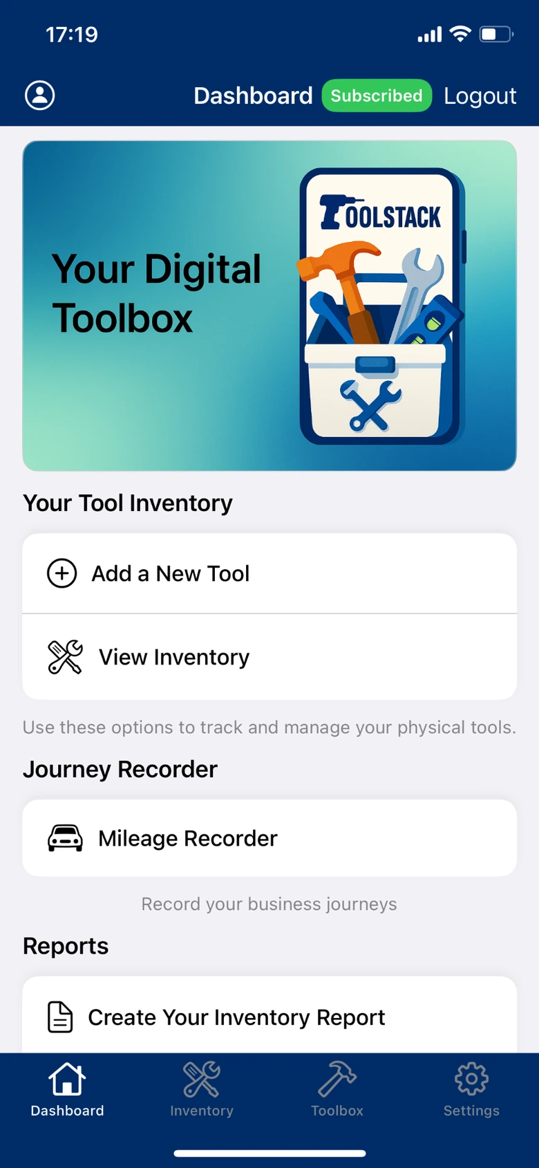 ToolStack dashboard on iPhone