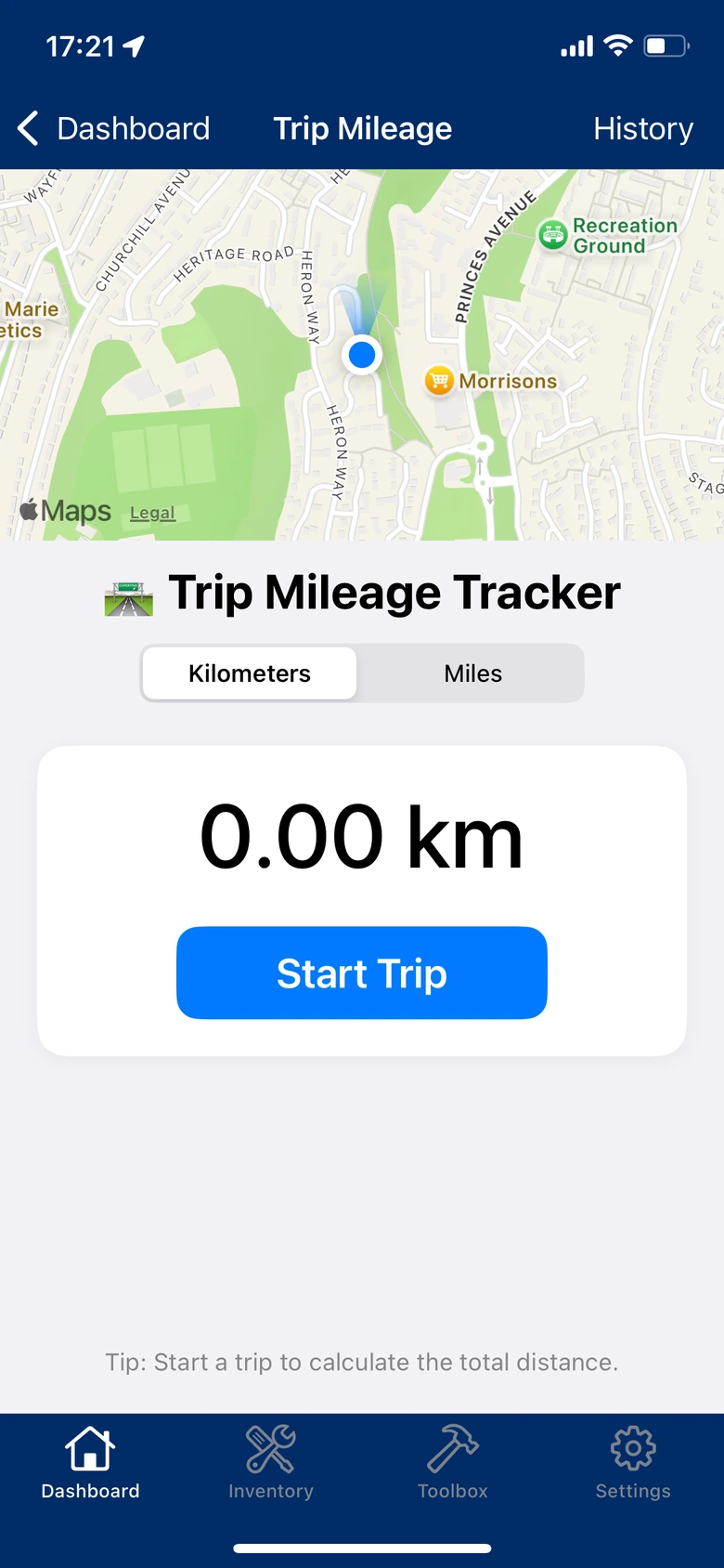 ToolStack mileage tracker on iPhone