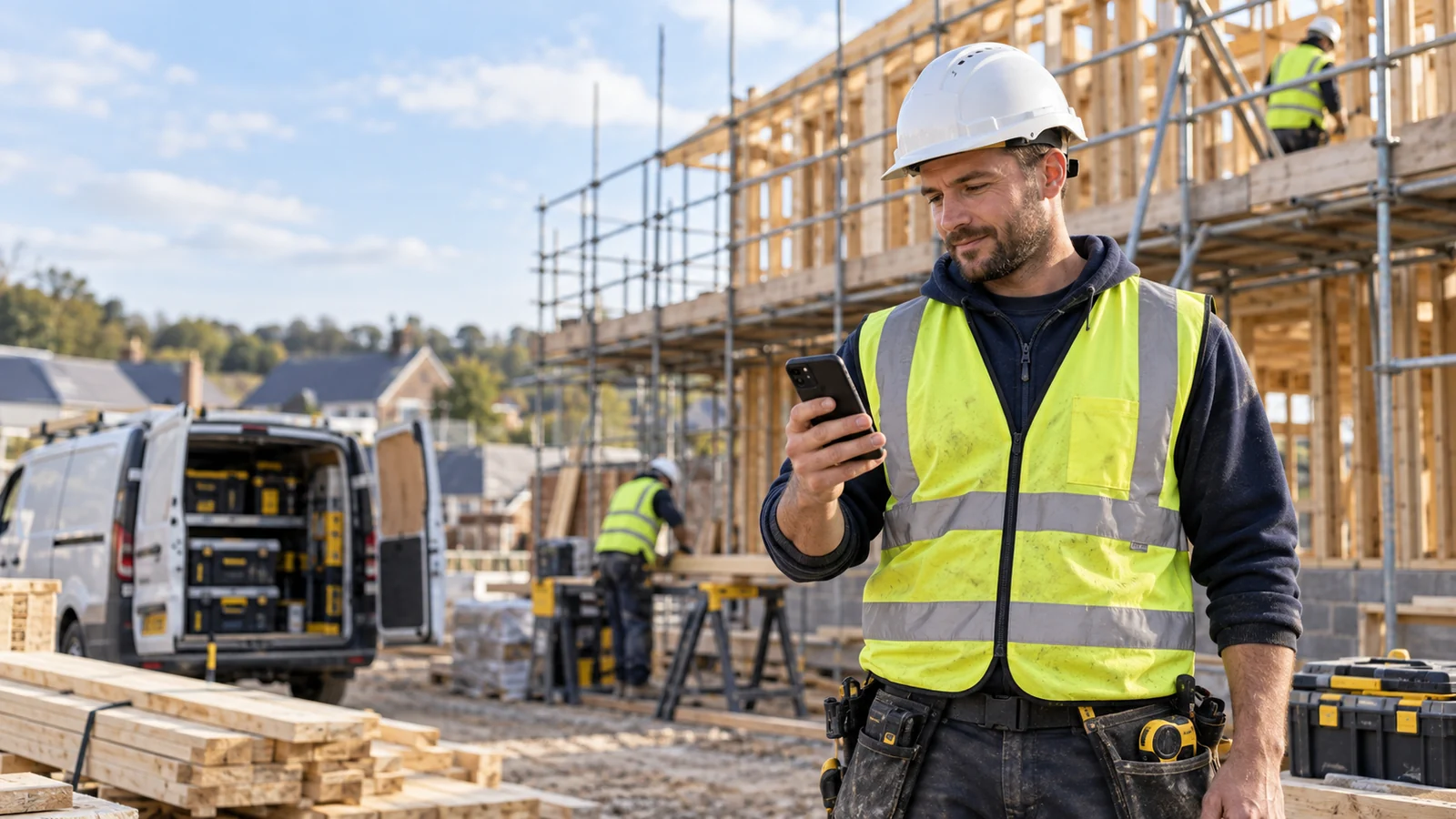 Tradesperson using a phone on a construction site
