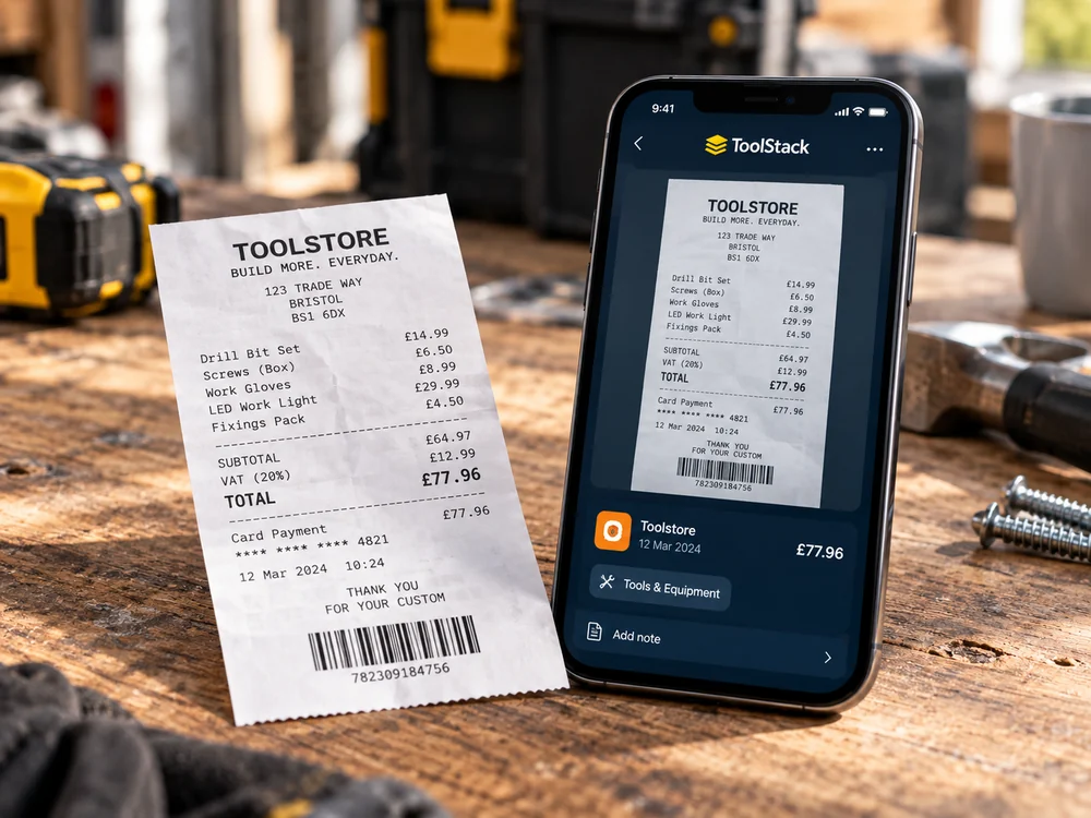Receipt and phone on a trade workbench