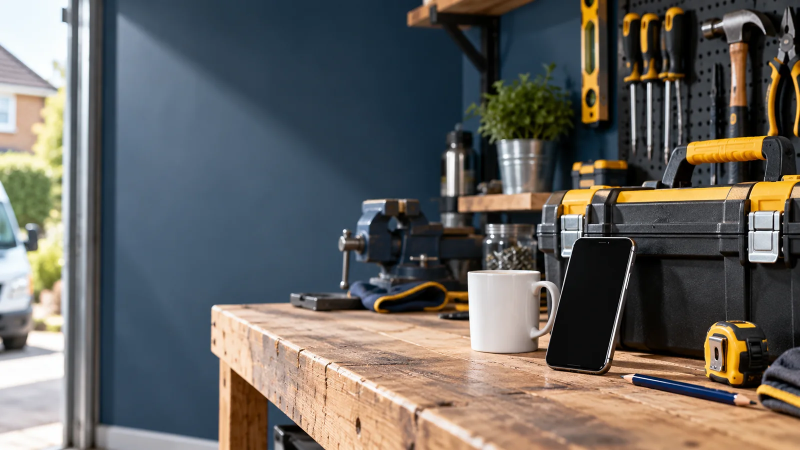 Organised trades workshop with tools, phone and workbench