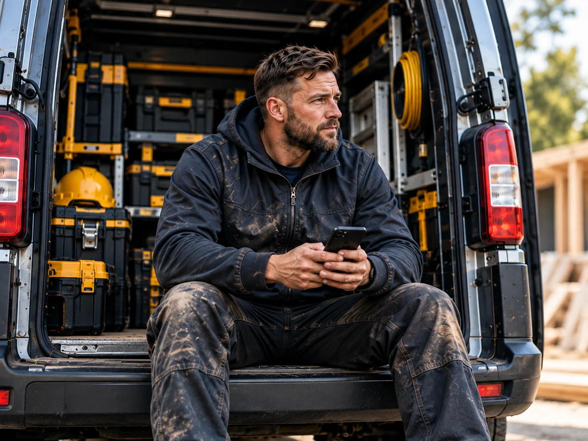 Tradesperson by an organised work van