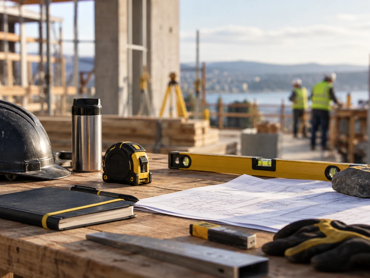 Construction workbench with trade tools and plans