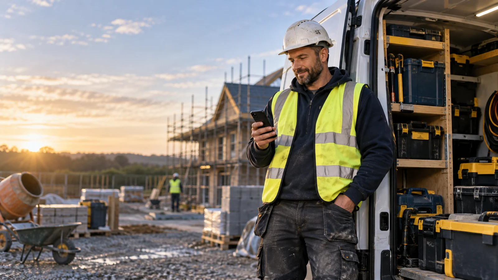 Tradesperson checking records on a phone beside a work van