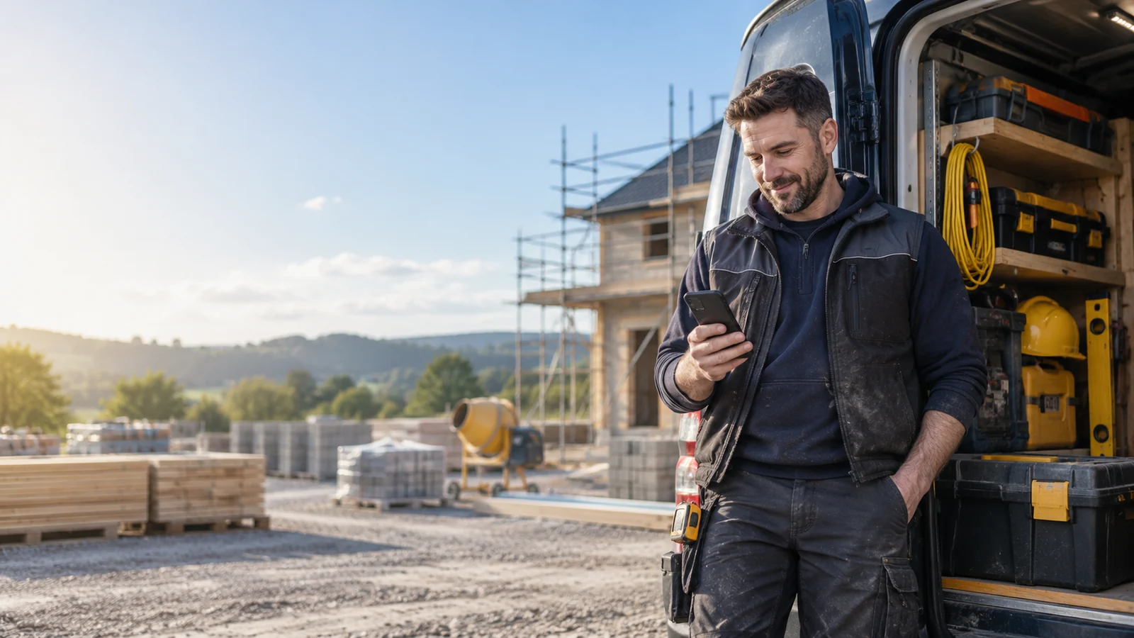 Tradesperson checking a phone beside an organised work van