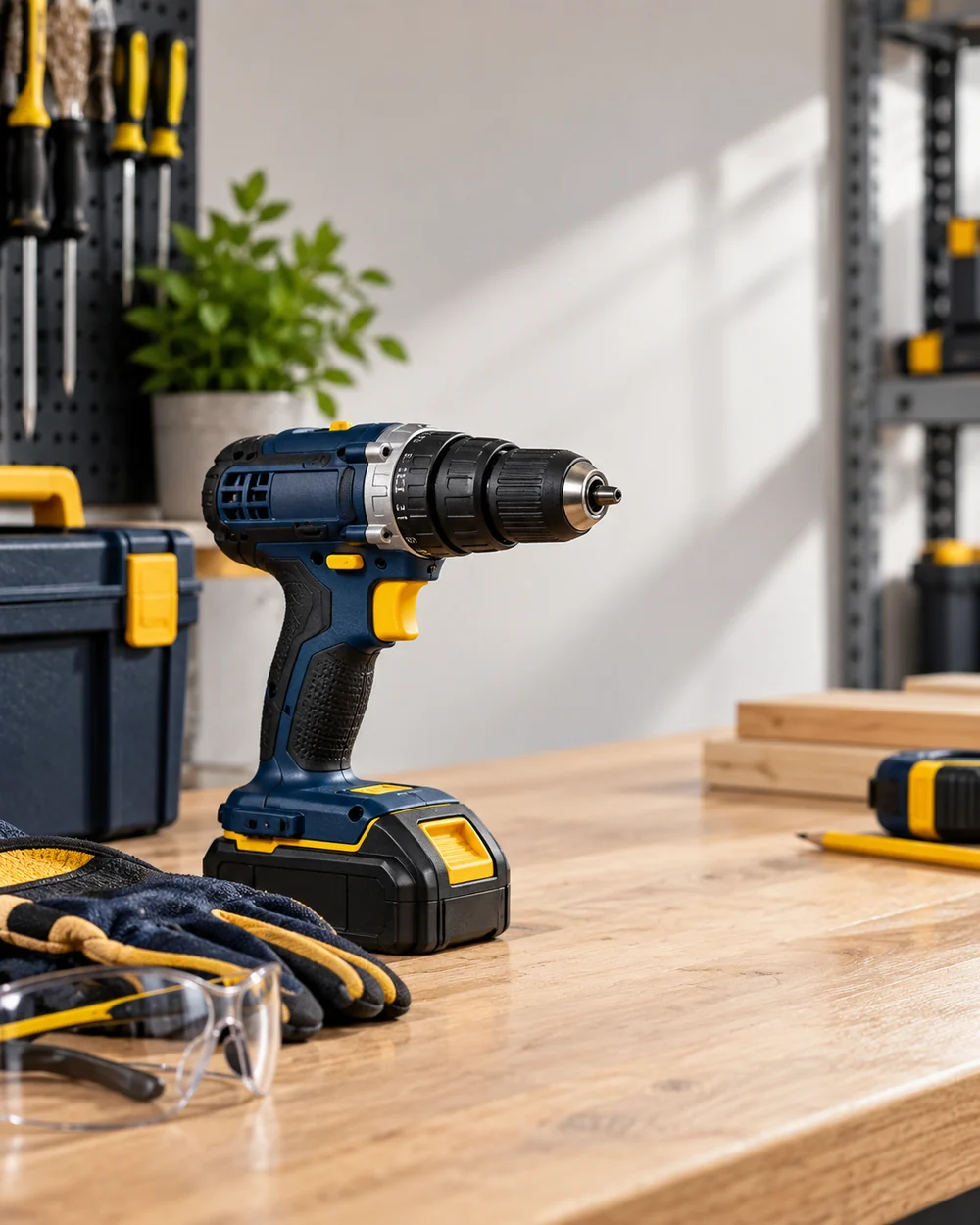 Cordless drill and protective equipment on a tidy workbench