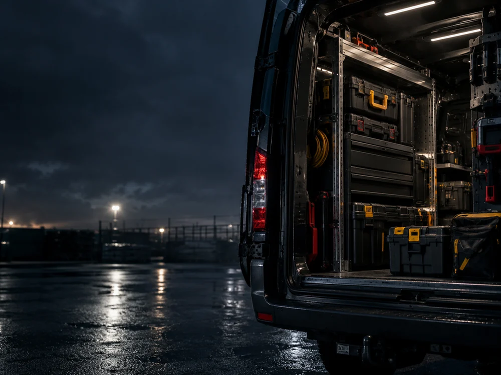 Organised tools stored inside a work van at night
