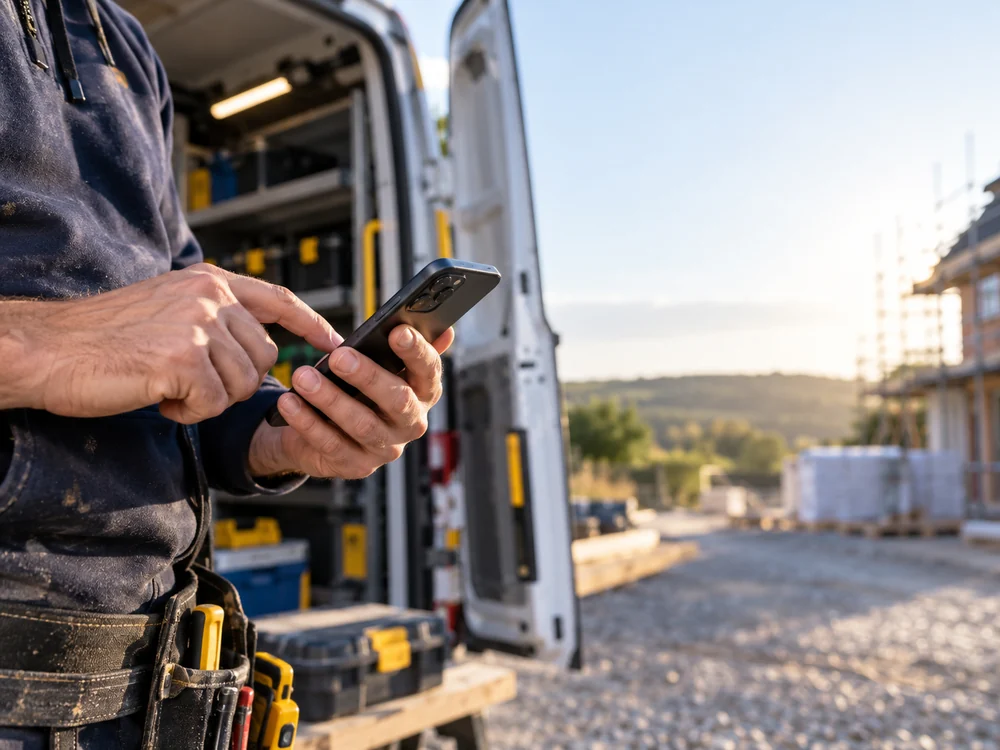 Tradesperson using a smartphone beside a work van