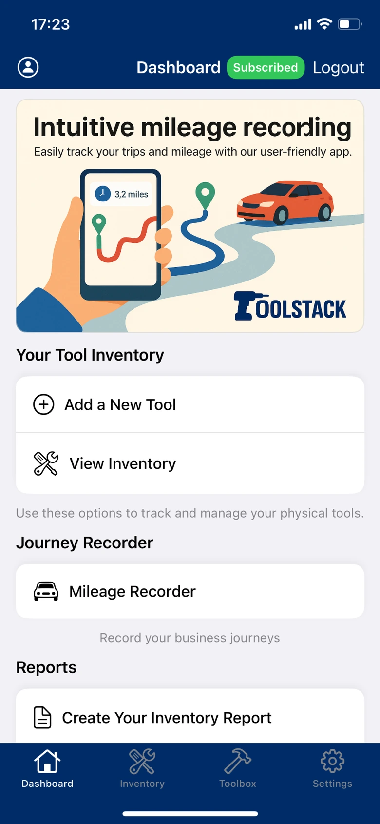 ToolStack dashboard highlighting mileage recording